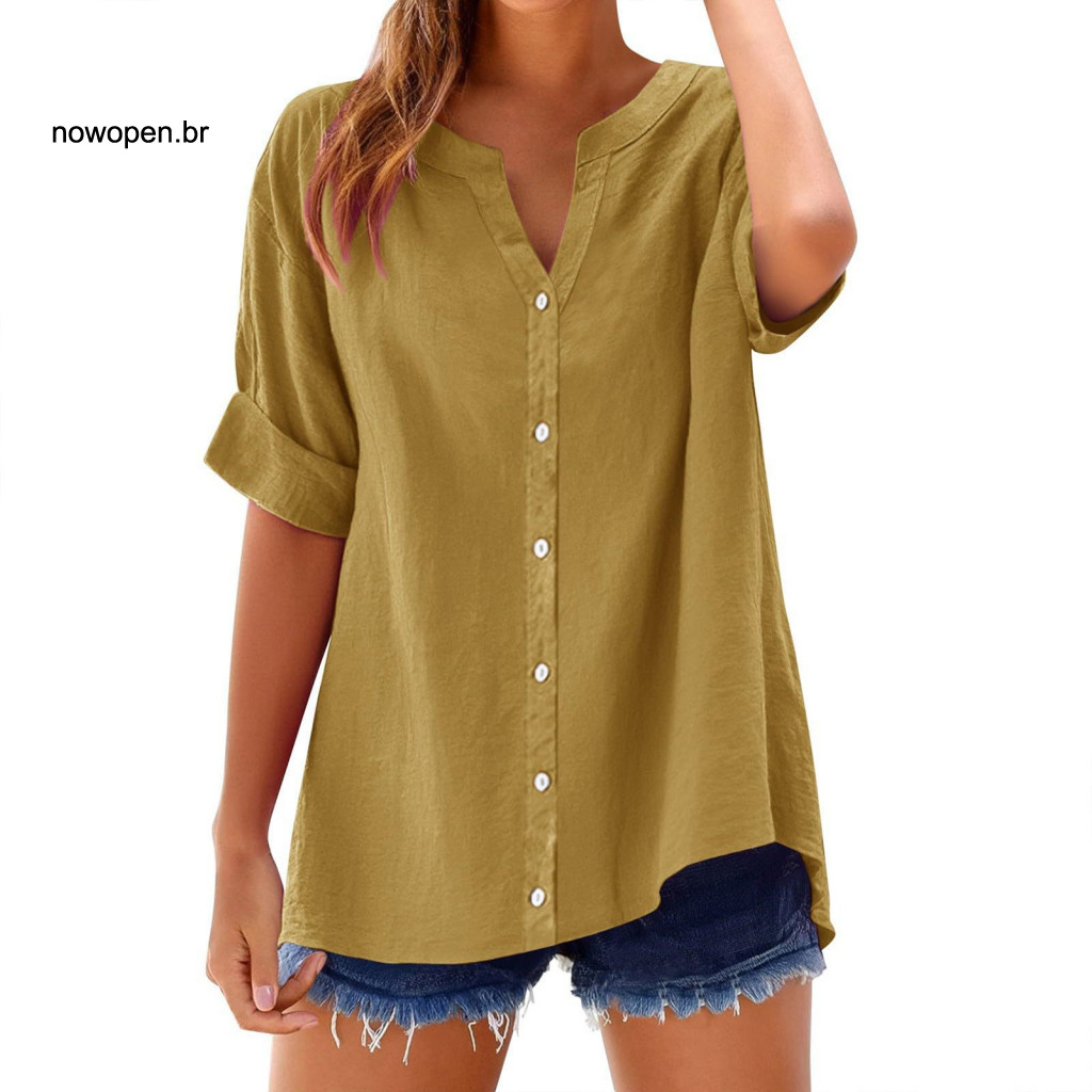 Solid Color Tops Women Shirt Women’s V-neck Half Sleeve Button Placket Loose Fit Casual Summer Top Comfortable Daily W