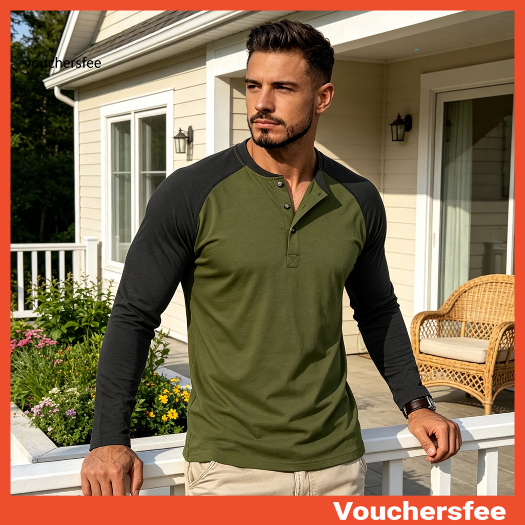 Comfortable Daily Wear Apparel Long Sleeve Casual Button Tops Men's Raglan Color Block T-shirt Vintage Neck Basic Tee fo