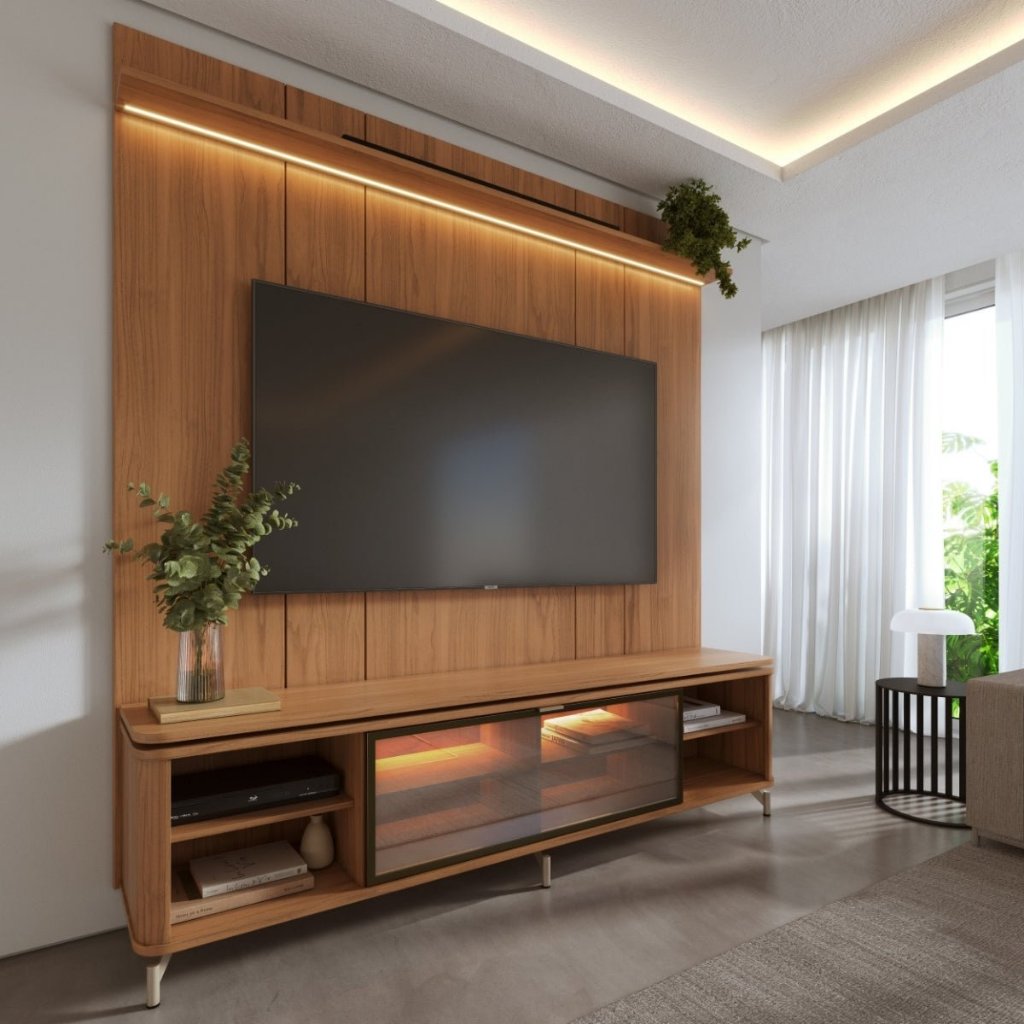 Rack com Painel para TV até 85 Polegadas Vidro Reflecta 100% MDF com Led Lincoln Float 215cm