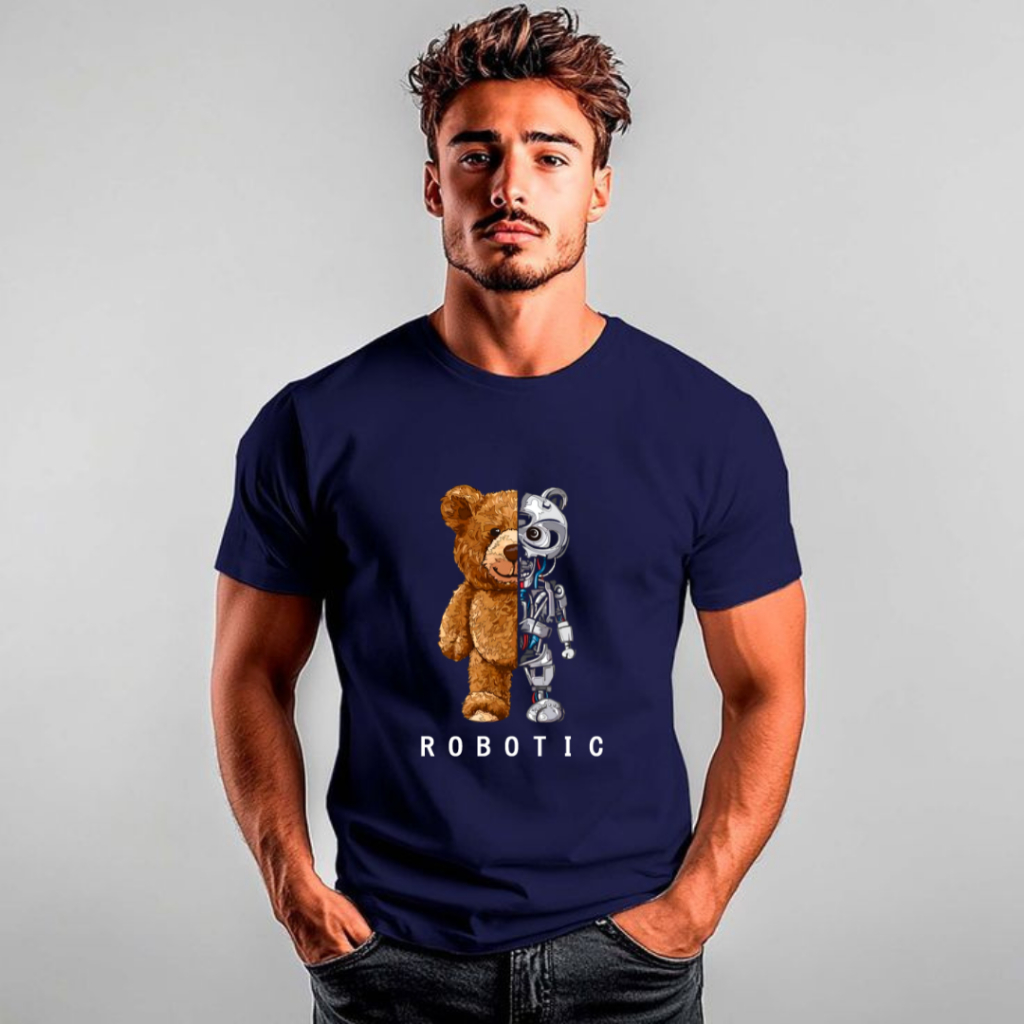 Camiseta masculina urso robotic , gola redonda manga curta malha premium 100% algodão 30.1 não encolhe