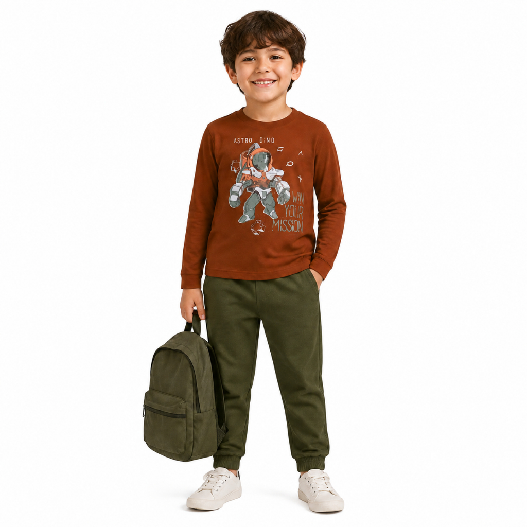 Conjunto Infantil Masculino Brandili 100% Algodão Astro Dino Marrom com Calça Verde Inverno Menino
