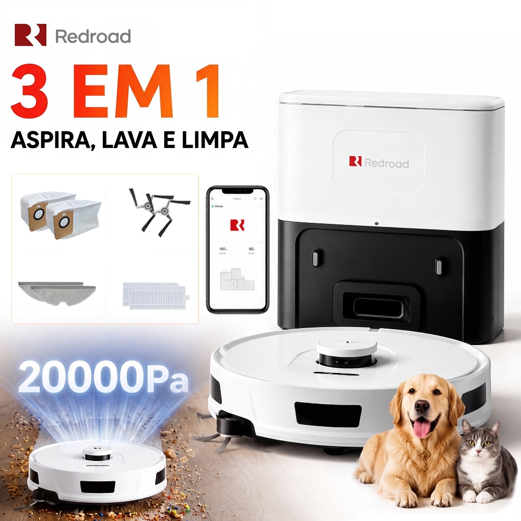 Robô Aspirador Inteligente 20.000Pa Autoesvaziável 3 em 1 Aspira Varre  Controle por App e Voz Para Pets Redroad R11