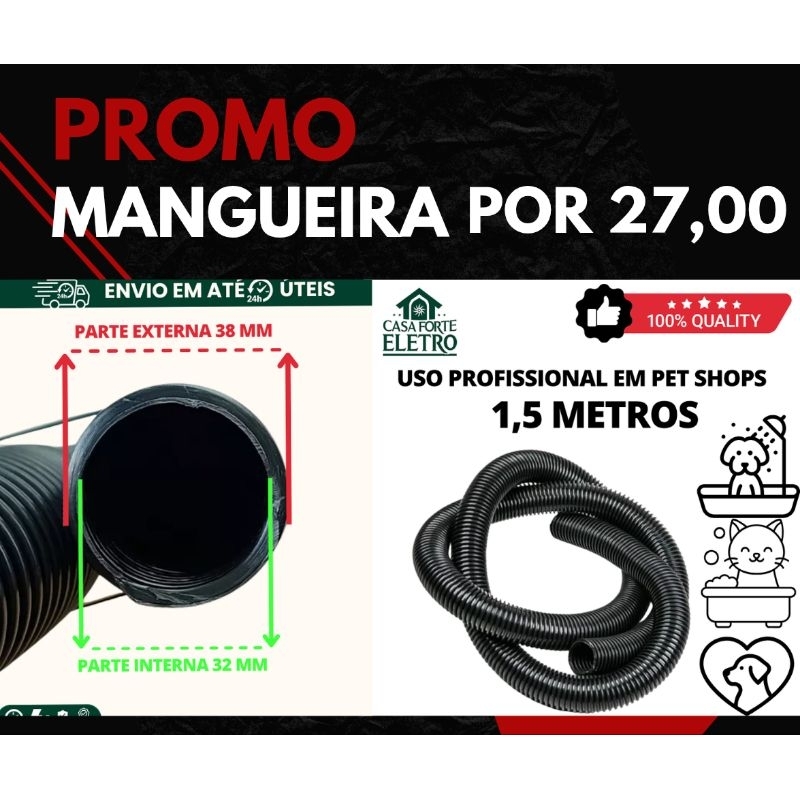 Mangueira Flexível Reforçada 1,5 metros 32mm P/ Soprador Pet Kyklon Kondor Trino Genesis Graça Minag