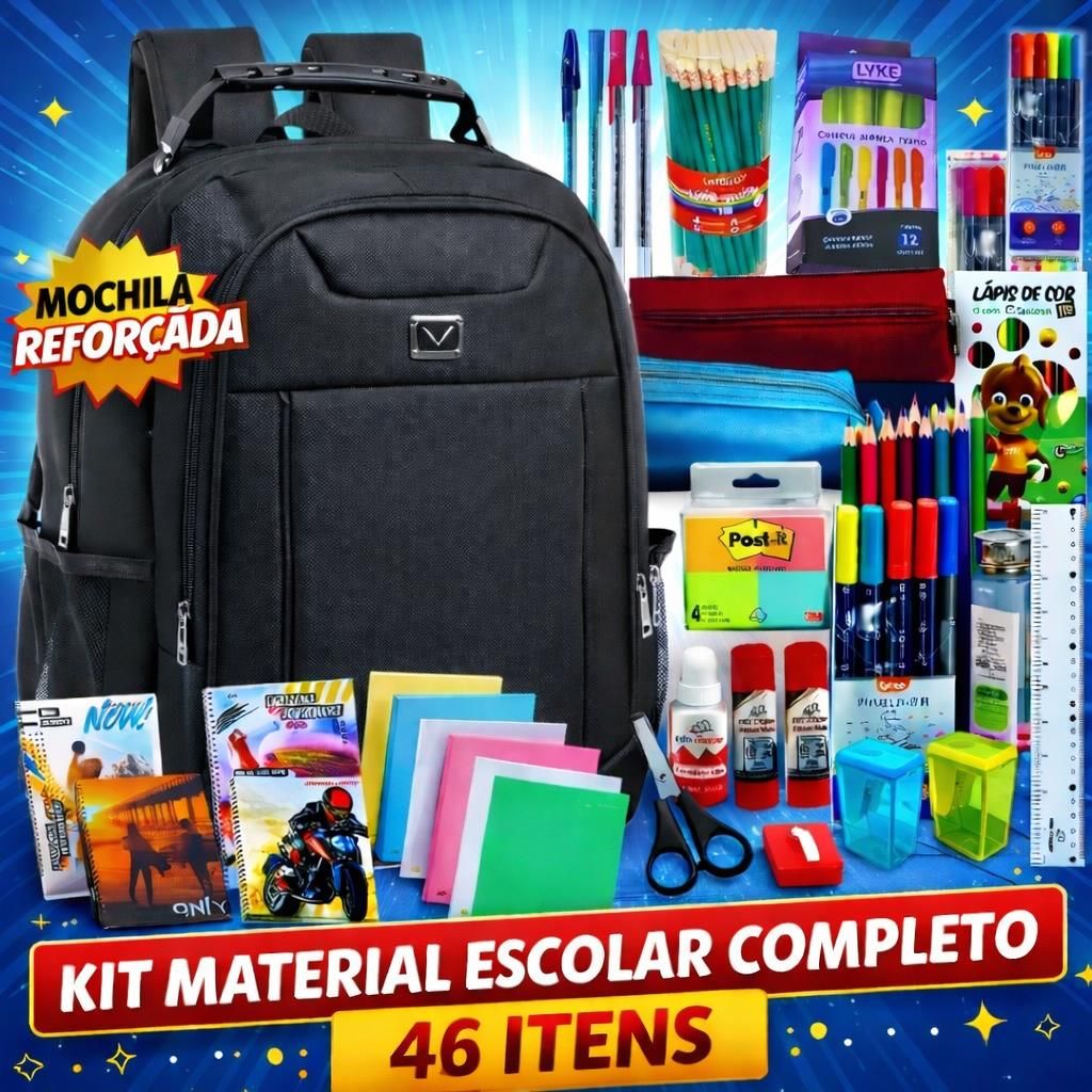 Mochila Escolar Masculino Com 46 itens voltas Aulas 2026