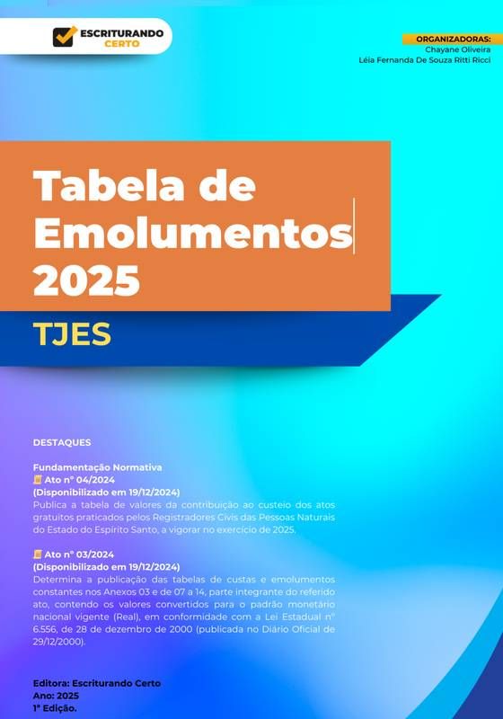 TABELA DE EMOLUMENTOS TJES – ANO 2025