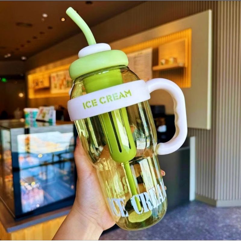 Garrafa Grande Canudo Flexível e Alça filtro Copo Squeeze Ice Cream academia esporte