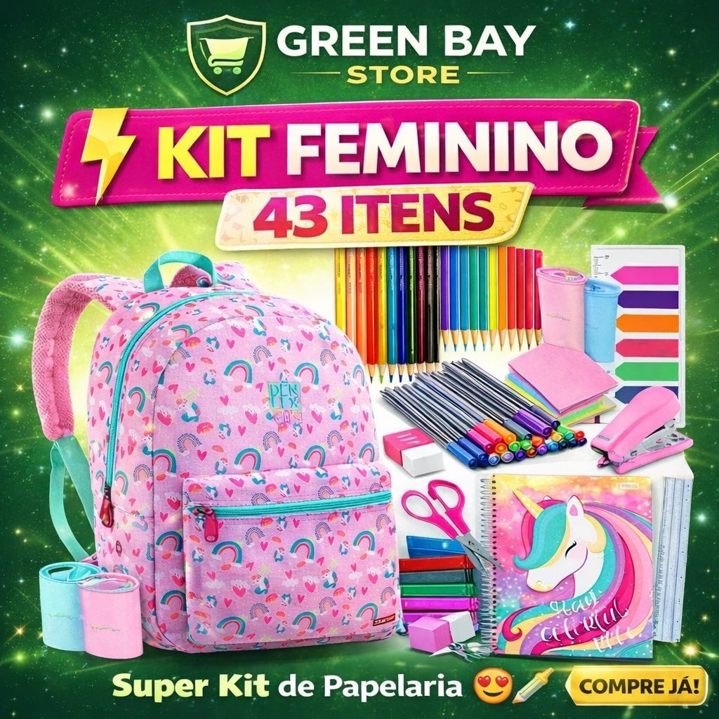 Kit Material Escolar Menina Completo com Mochila 43 Itens Volta às Aulas