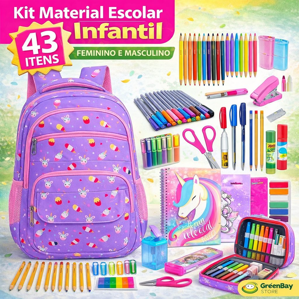 Kit Material Escolar Feminino com Mochila 43 Itens Volta às Aulas