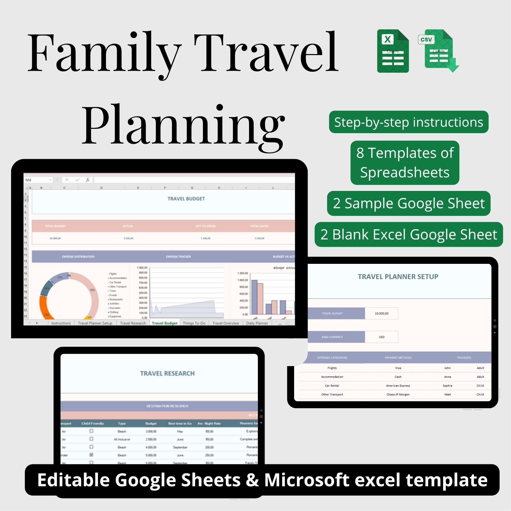 Family Travel Planner Templates, 8 Templates of Excel/Sheets Spreadsheets Vacation Organizer Bundle