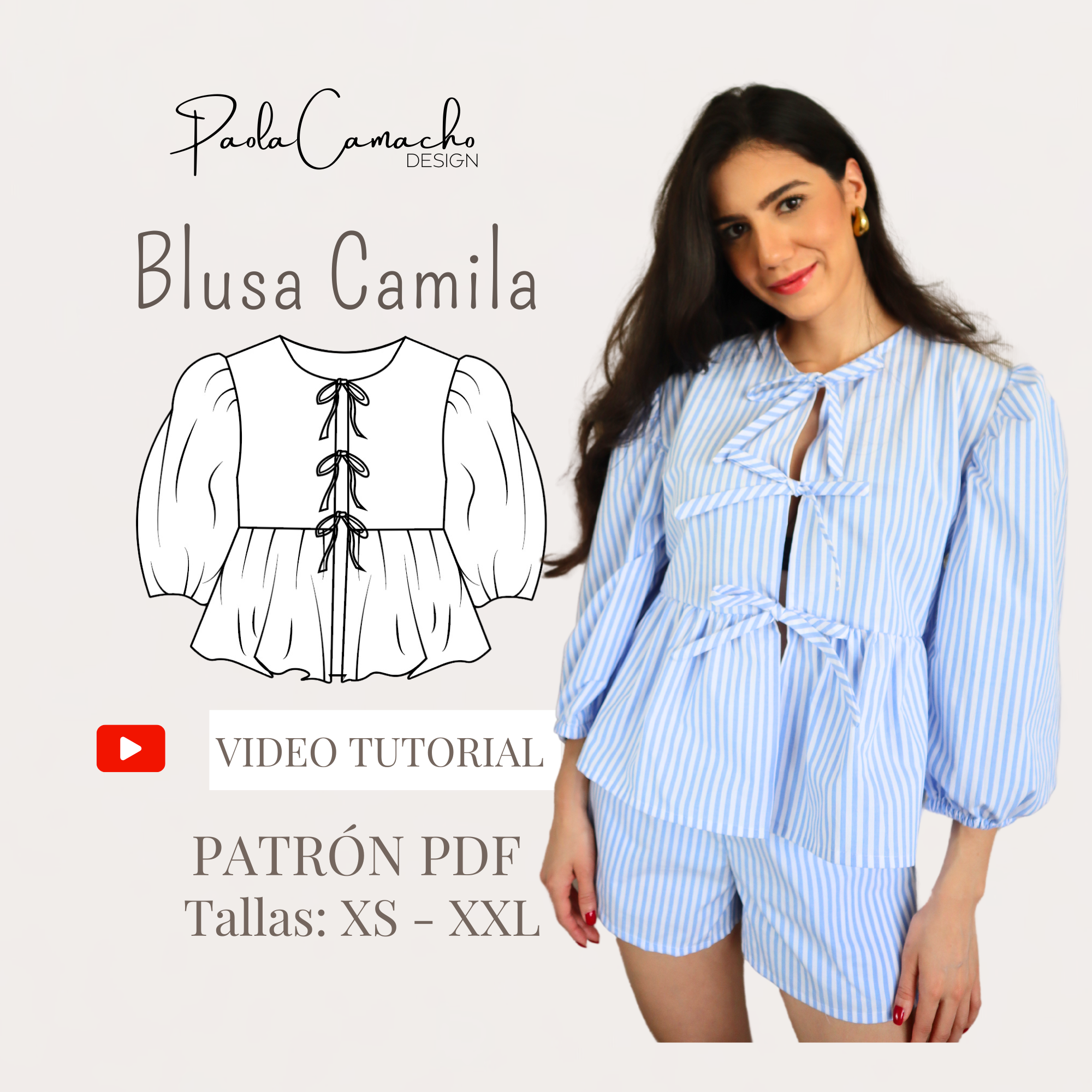 Patrón de costura en pdf Blusa Camila tallas desde XS hasta la XXL