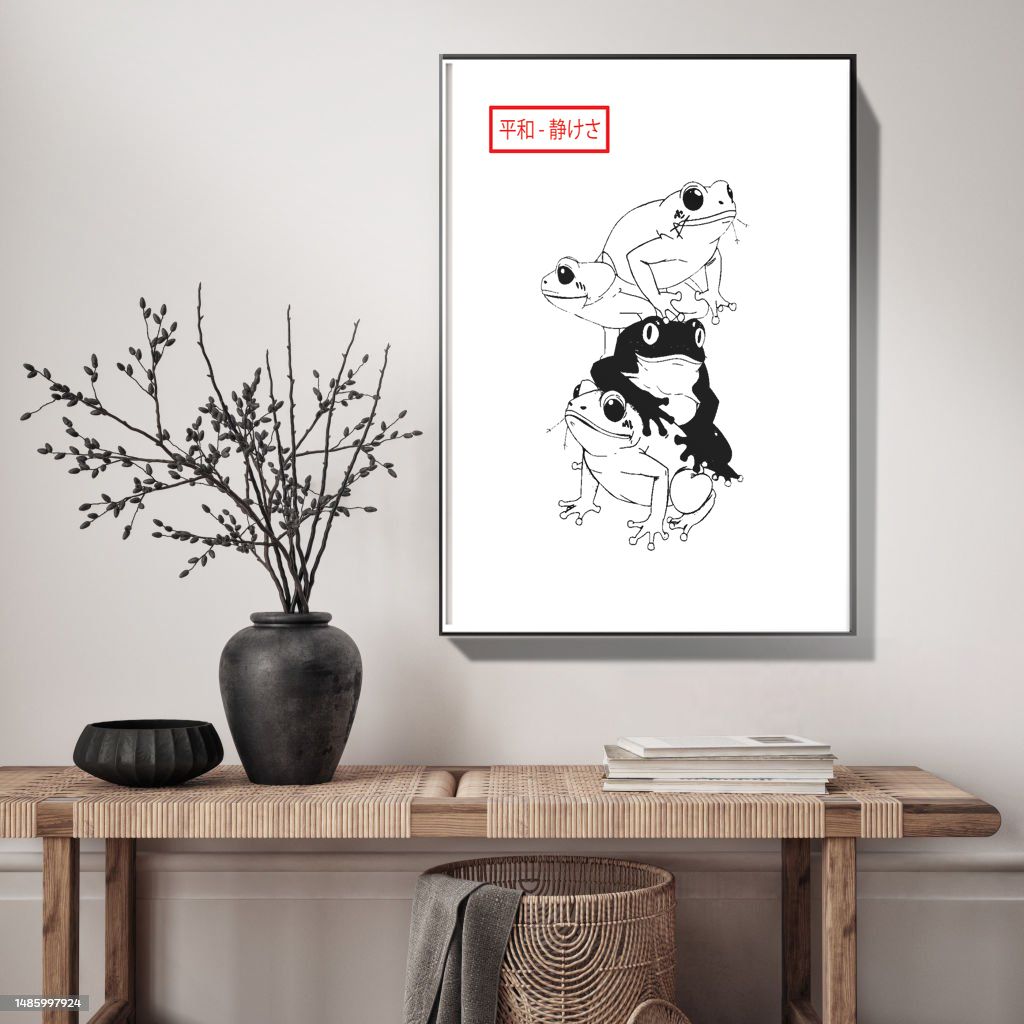 Print Frog Peace & Tranquility - Black and White, Japanese 平和 - 静けさ Heiwa - shizukesa