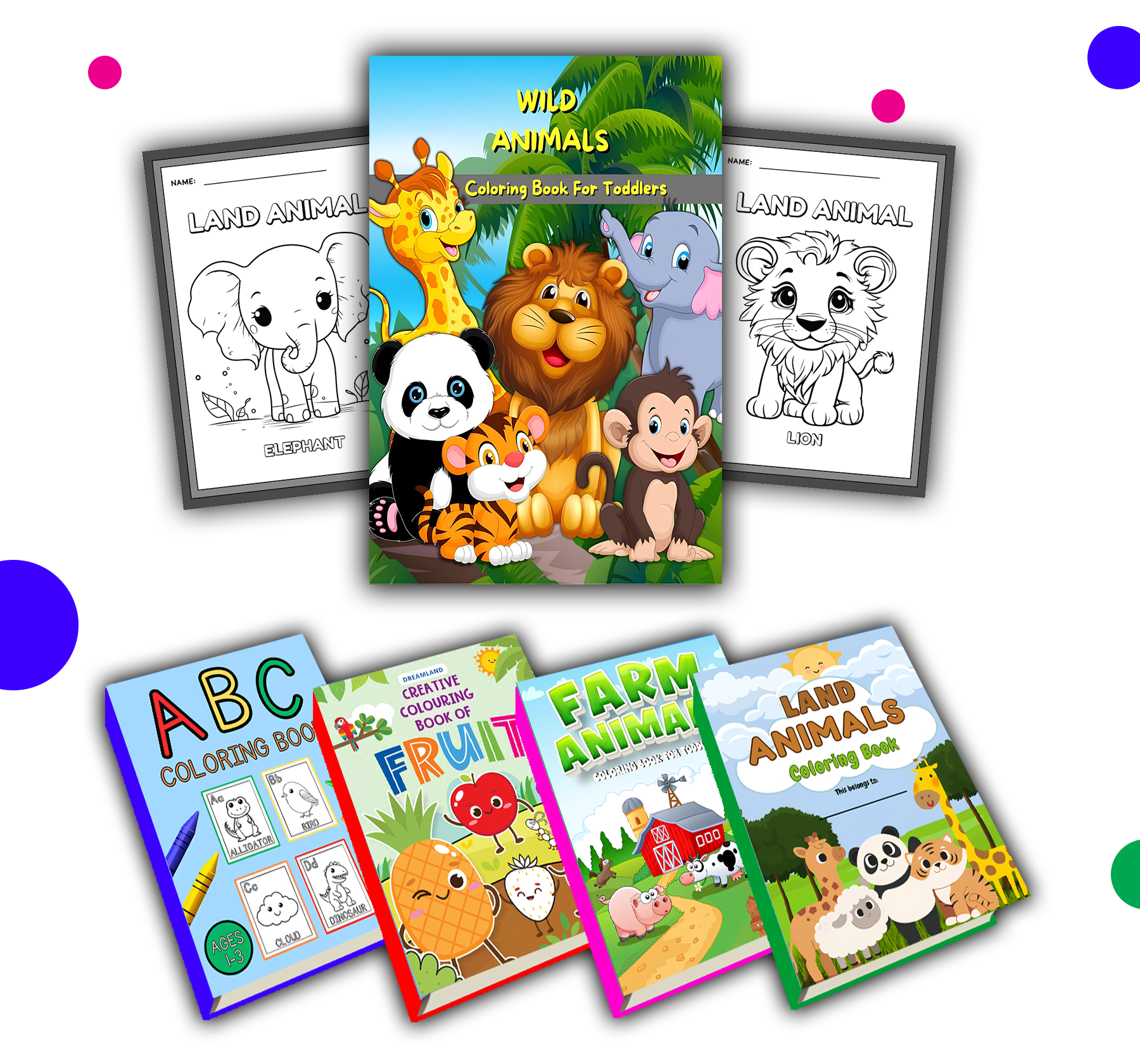 Pacote 5 em 1 de Livros para Colorir Infantil – Alfabeto, Vida Selvagem, Frutas & Diversão na Fazenda | 5-in-1 Kids Coloring Book Bundle – Alphabet, Wildlife, Fruits & Farm Fun!