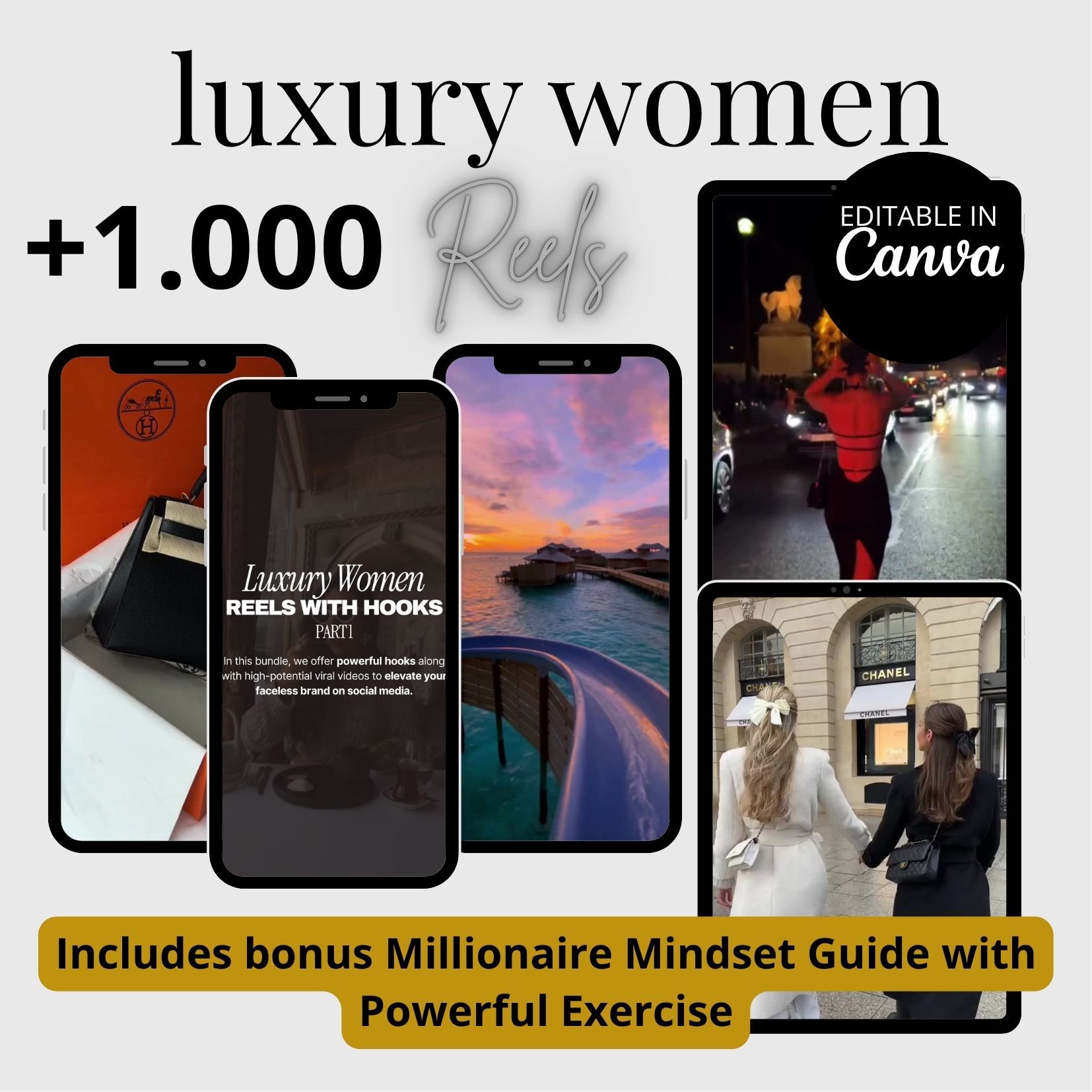 Luxury Reels Pack 1000+ - MRR/PLR Canva Templates (Editable) Rich Aesthetic Faceless Reels Editable Content for Instagram + Resale Rights