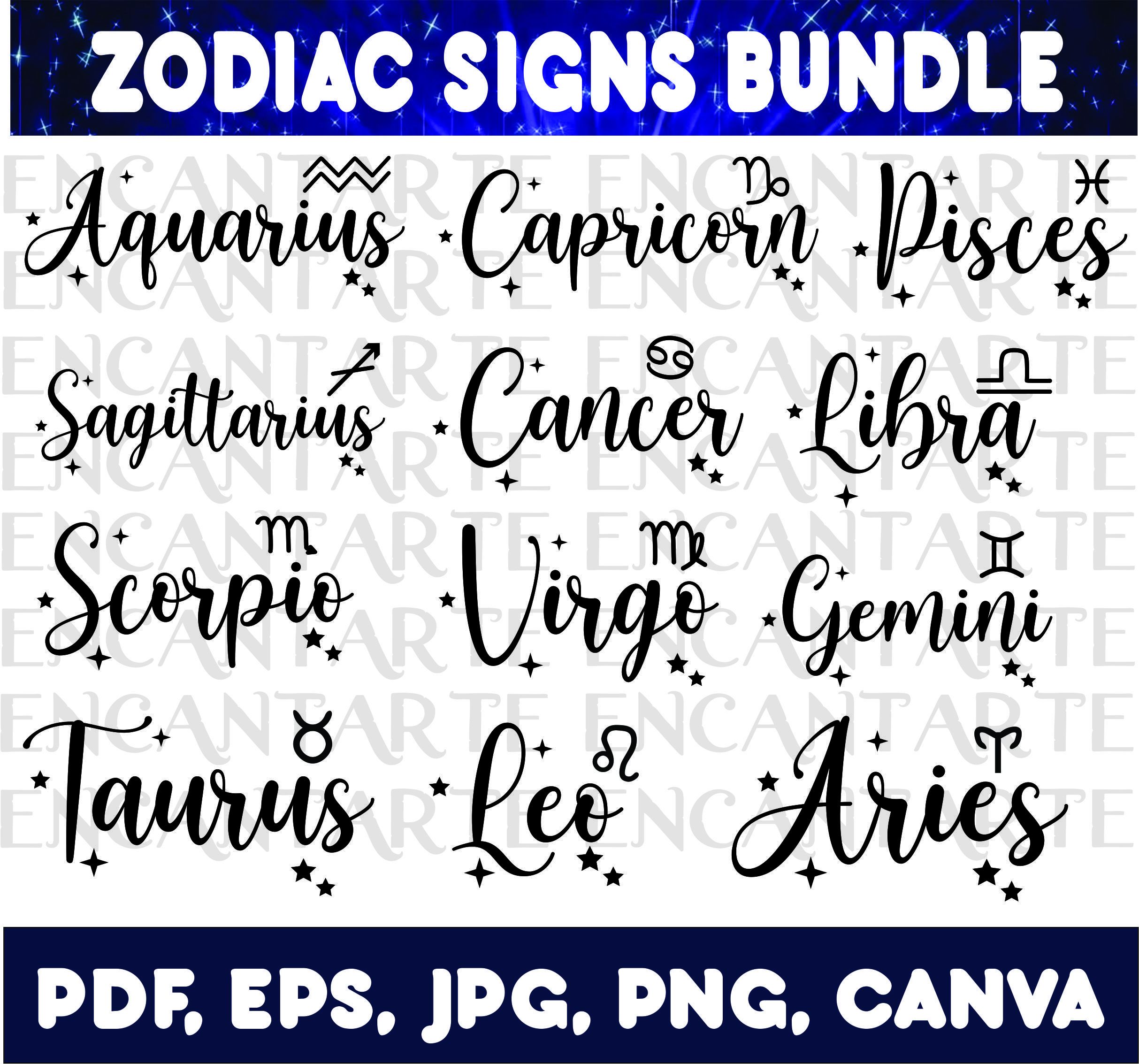 Zodiac Sign Bundle Astrology Symbols for Cricut, cameo, sublimation, dtf, Printable Horoscope Files, EPS, PDF, PNG Canva Files for Crafts