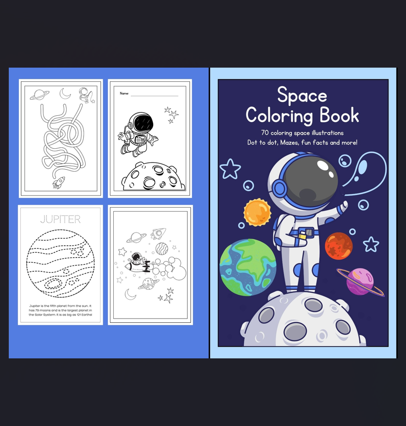 Space coloring book: Space Coloring book: 70 coloring space illustrations Dot to dot, Mazes, fun facts and more!