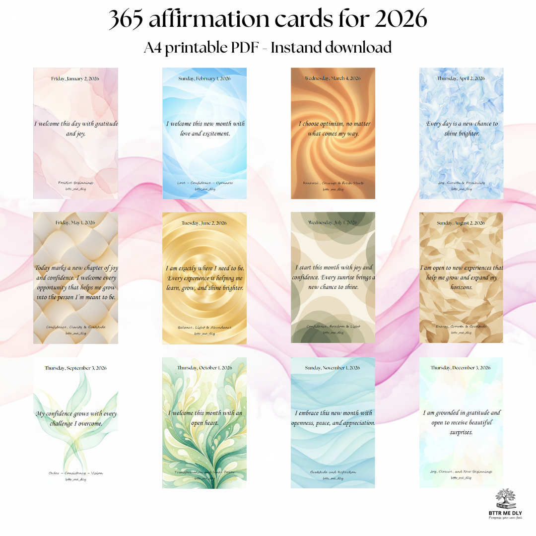 365 Daily Affirmations for 2026 – A Year of Reflection, Growth and Continuous Self-Improvement | Digital PDF & Print-Ready Card Set