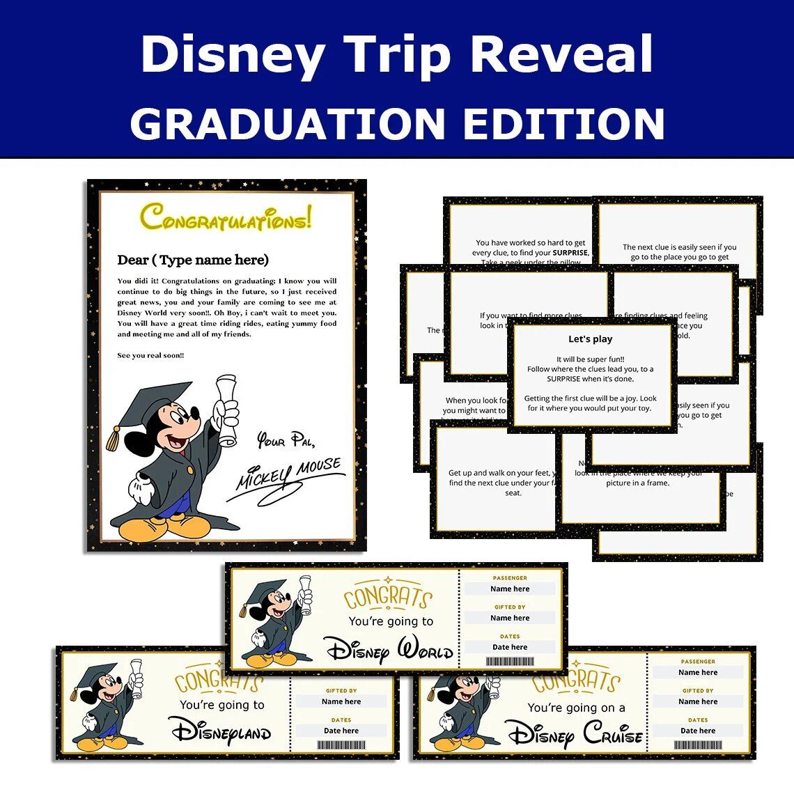 Editable Disney Parks and Cruise Graduation Surprise Trip Reveal Scavenger Hunt Tickets Letters