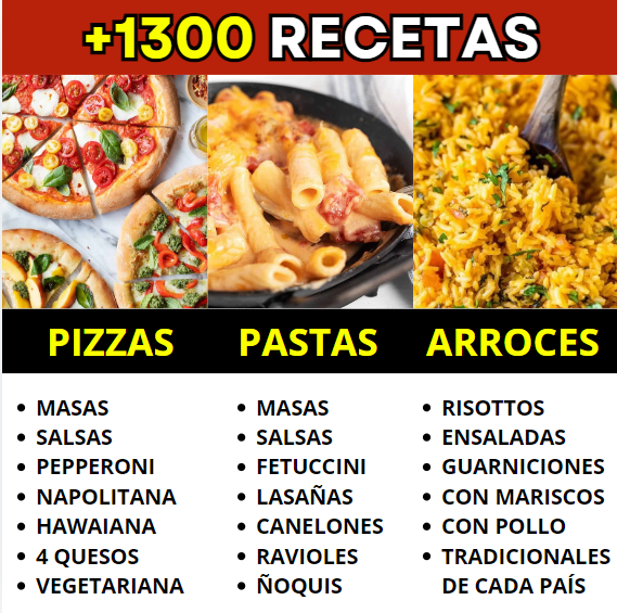 Mega Pack 1300 recetas Pack Pizzas, Pastas y Arroces