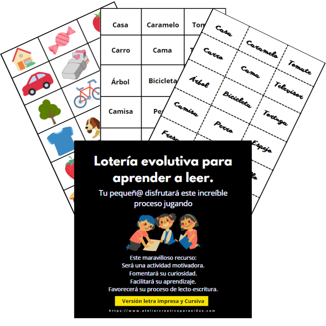 Lotería Evolutiva para Aprender a leer. Versión letra imprenta y cursiva.