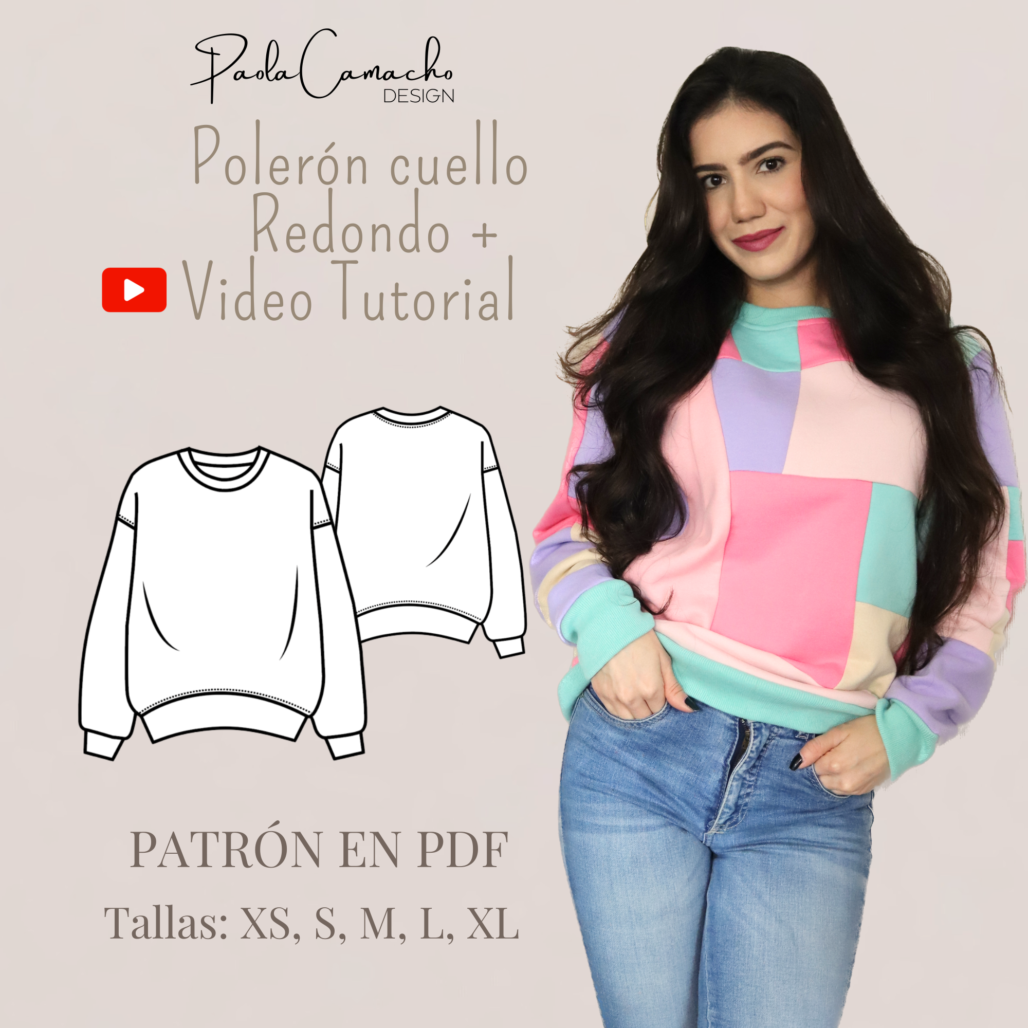 Patrón de Polerón (Sudadera) cuello redondo - Tallas: XS, S, M, L, XL