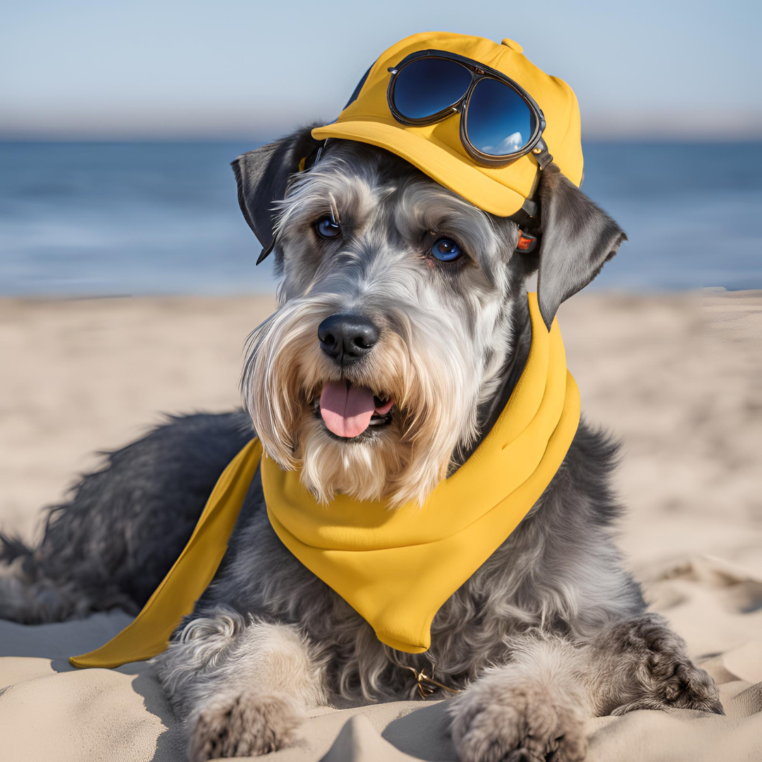 Foto de Schnauzer con lentes de aviador en la playa