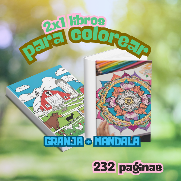 LIBROS PARA COLOREAR 2 EN 1: ¡Tantísimos temas divertidos entre los más amados para niños y adultos ! Animales de la granja, escenarios y mandalas; ¡Regálale ahora esta maravillosa experiencia creativa!